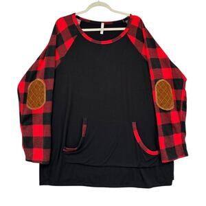 Celeste Red And Black Buffalo Plaid‎ Sleeves Black Body Suede Raglan Shirt 1X